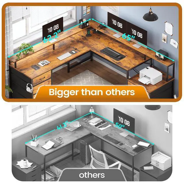 Alt view image 4 of 7 - L Shaped Desk with 6 Drawer, 108" Home Office Desk with File Drawer & Power Outlet, Corner Computer Desk with Monitor Shelf, Two Person Desk, Gaming Desk with Led Lights, Rustic Brown