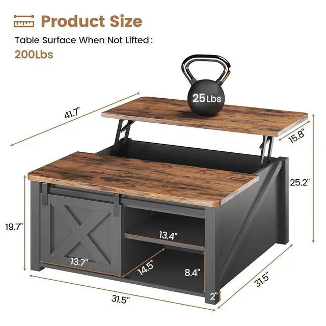Alt view image 2 of 7 - 31.5" Lift Top Coffee Table with Storage, Square Coffee Tables for Living Room, Farmhouse Coffee Table with Large Hidden Storage Compartment and Adjustable Shelves, Black