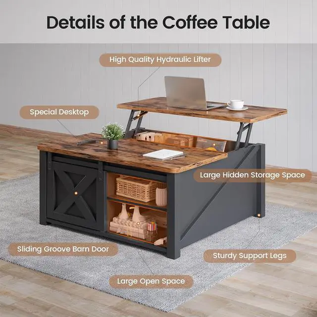 Alt view image 3 of 7 - 31.5" Lift Top Coffee Table with Storage, Square Coffee Tables for Living Room, Farmhouse Coffee Table with Large Hidden Storage Compartment and Adjustable Shelves, Black