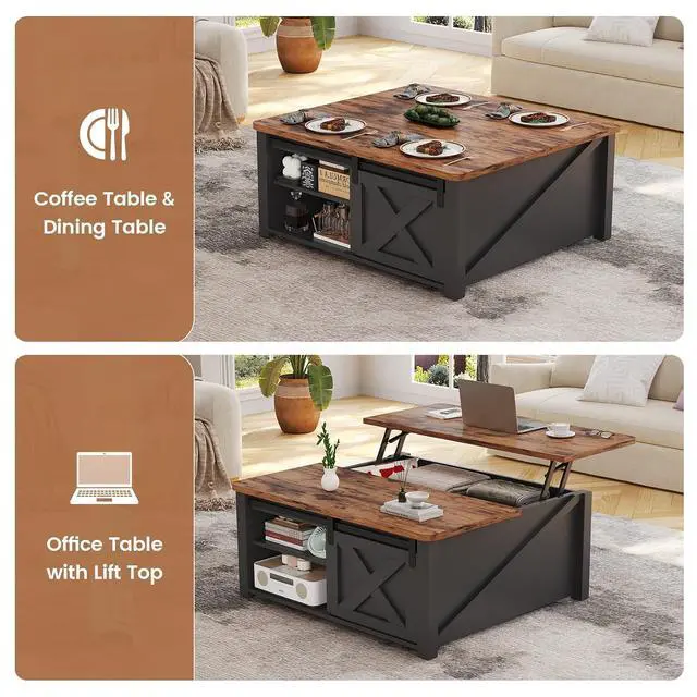 Alt view image 4 of 7 - 31.5" Lift Top Coffee Table with Storage, Square Coffee Tables for Living Room, Farmhouse Coffee Table with Large Hidden Storage Compartment and Adjustable Shelves, Black