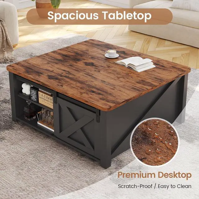 Alt view image 5 of 7 - 31.5" Lift Top Coffee Table with Storage, Square Coffee Tables for Living Room, Farmhouse Coffee Table with Large Hidden Storage Compartment and Adjustable Shelves, Black