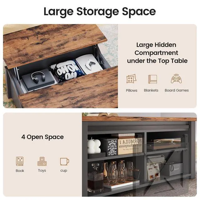 Alt view image 7 of 7 - 31.5" Lift Top Coffee Table with Storage, Square Coffee Tables for Living Room, Farmhouse Coffee Table with Large Hidden Storage Compartment and Adjustable Shelves, Black