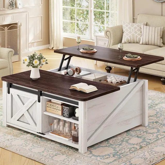 Main image of 31.5" Lift Top Coffee Table with Storage, Square Coffee Tables for Living Room, Farmhouse Coffee Table with Large Hidden Storage Compartment and Adjustable Shelves, Vintage White
