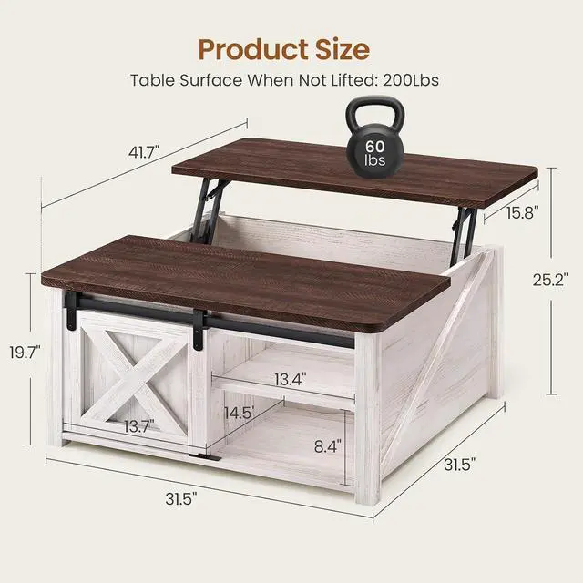Alt view image 2 of 7 - 31.5" Lift Top Coffee Table with Storage, Square Coffee Tables for Living Room, Farmhouse Coffee Table with Large Hidden Storage Compartment and Adjustable Shelves, Vintage White