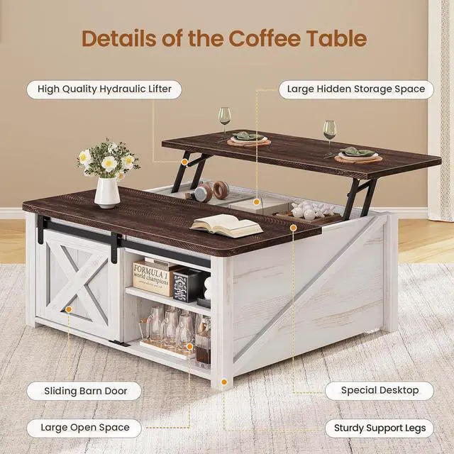 Alt view image 3 of 7 - 31.5" Lift Top Coffee Table with Storage, Square Coffee Tables for Living Room, Farmhouse Coffee Table with Large Hidden Storage Compartment and Adjustable Shelves, Vintage White