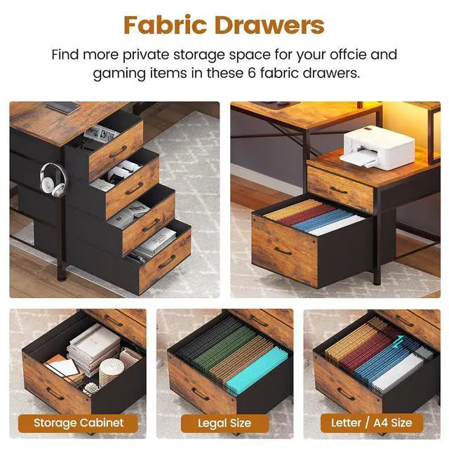 Alt view image 5 of 7 - L Shaped Desk with 6 Drawer, 108" Home Office Desk with File Drawer & Power Outlet, Corner Computer Desk with Monitor Shelf, Two Person Desk, Gaming Desk with Led Lights, Rustic Brown