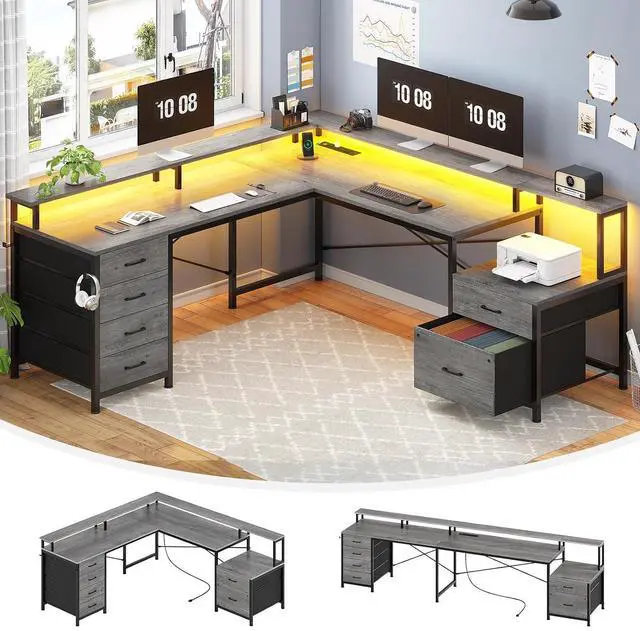 Main image of L Shaped Desk with 6 Drawer, 108" Home Office Desk with File Drawer & Power Outlet, Corner Computer Desk with Monitor Shelf, Two Person Desk, Gaming Desk with Led Lights, Grey