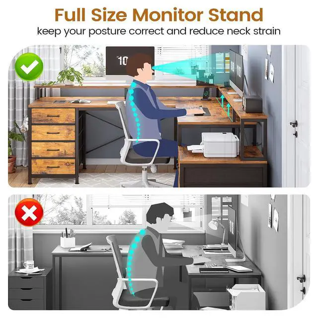 Alt view image 7 of 7 - L Shaped Desk with 6 Drawer, 108" Home Office Desk with File Drawer & Power Outlet, Corner Computer Desk with Monitor Shelf, Two Person Desk, Gaming Desk with Led Lights, Rustic Brown