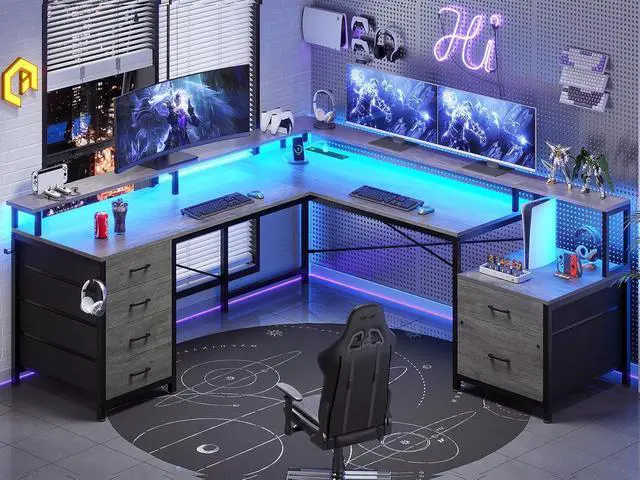 Alt view image 2 of 7 - L Shaped Desk with 6 Drawer, 108" Home Office Desk with File Drawer & Power Outlet, Corner Computer Desk with Monitor Shelf, Two Person Desk, Gaming Desk with Led Lights, Grey
