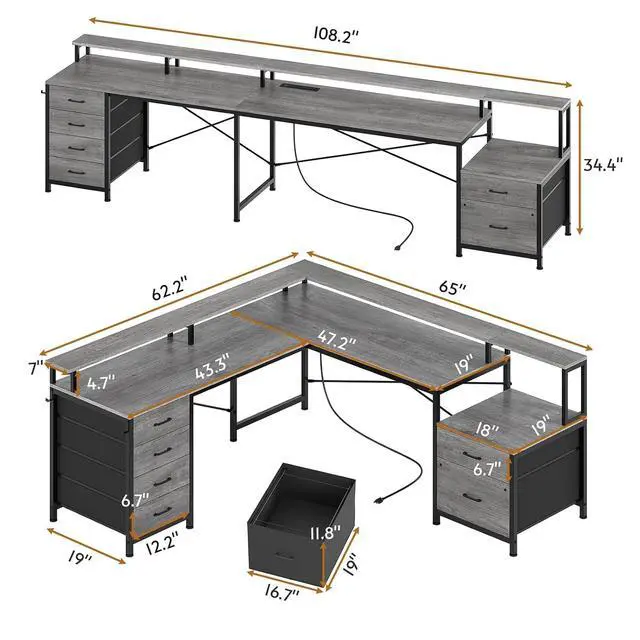 Alt view image 3 of 7 - L Shaped Desk with 6 Drawer, 108" Home Office Desk with File Drawer & Power Outlet, Corner Computer Desk with Monitor Shelf, Two Person Desk, Gaming Desk with Led Lights, Grey