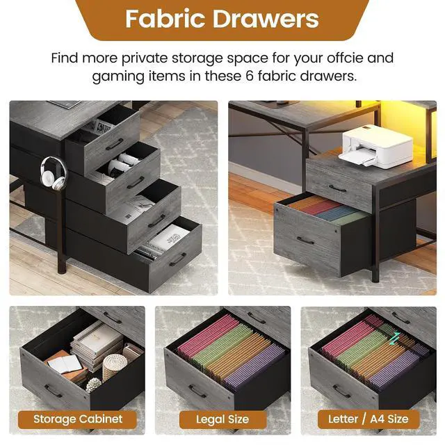 Alt view image 4 of 7 - L Shaped Desk with 6 Drawer, 108" Home Office Desk with File Drawer & Power Outlet, Corner Computer Desk with Monitor Shelf, Two Person Desk, Gaming Desk with Led Lights, Grey