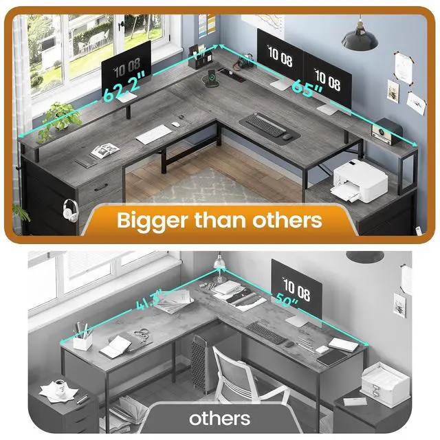 Alt view image 7 of 7 - L Shaped Desk with 6 Drawer, 108" Home Office Desk with File Drawer & Power Outlet, Corner Computer Desk with Monitor Shelf, Two Person Desk, Gaming Desk with Led Lights, Grey
