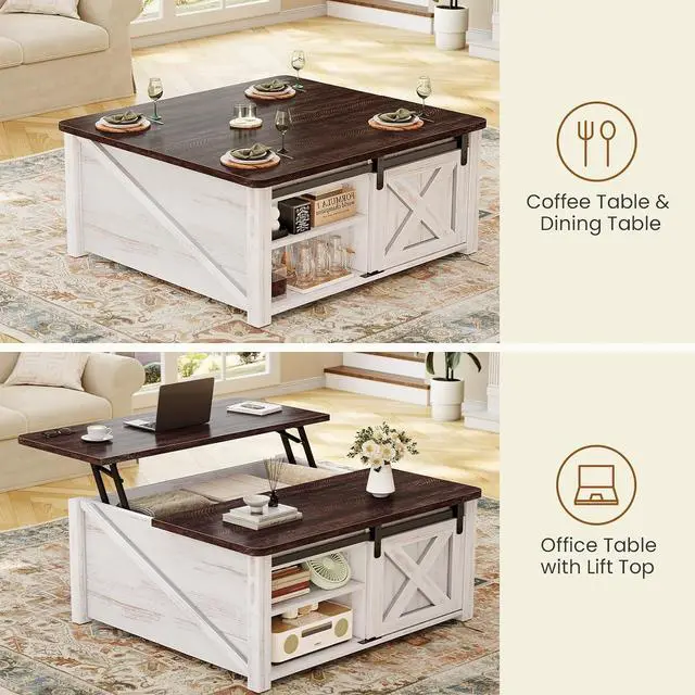 Alt view image 4 of 7 - 31.5" Lift Top Coffee Table with Storage, Square Coffee Tables for Living Room, Farmhouse Coffee Table with Large Hidden Storage Compartment and Adjustable Shelves, Vintage White