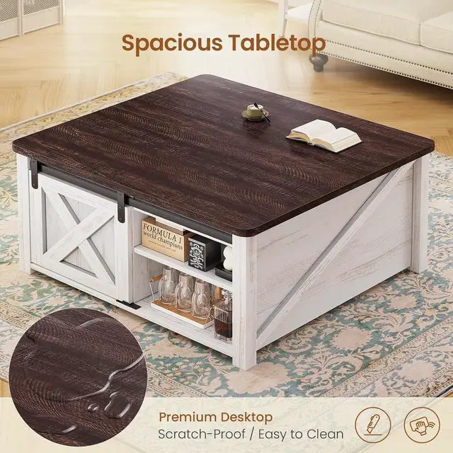 Alt view image 5 of 7 - 31.5" Lift Top Coffee Table with Storage, Square Coffee Tables for Living Room, Farmhouse Coffee Table with Large Hidden Storage Compartment and Adjustable Shelves, Vintage White