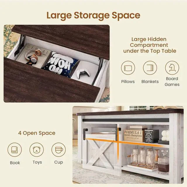 Alt view image 7 of 7 - 31.5" Lift Top Coffee Table with Storage, Square Coffee Tables for Living Room, Farmhouse Coffee Table with Large Hidden Storage Compartment and Adjustable Shelves, Vintage White