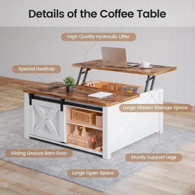 Alt view image 3 of 7 - 31.5" Lift Top Coffee Table with Storage, Square Coffee Tables for Living Room, Farmhouse Coffee Table with Large Hidden Storage Compartment and Adjustable Shelves, White