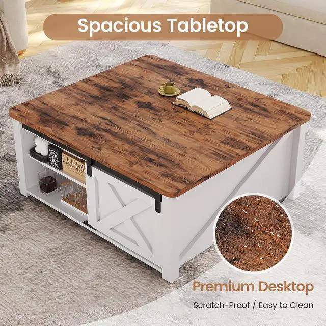 Alt view image 5 of 7 - 31.5" Lift Top Coffee Table with Storage, Square Coffee Tables for Living Room, Farmhouse Coffee Table with Large Hidden Storage Compartment and Adjustable Shelves, White