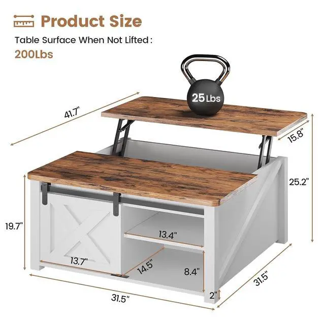 Alt view image 2 of 7 - 31.5" Lift Top Coffee Table with Storage, Square Coffee Tables for Living Room, Farmhouse Coffee Table with Large Hidden Storage Compartment and Adjustable Shelves, White