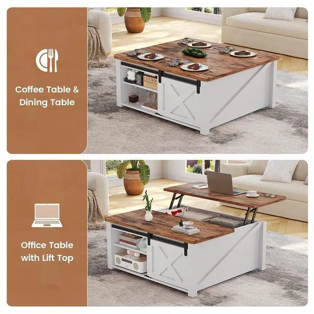 Alt view image 4 of 7 - 31.5" Lift Top Coffee Table with Storage, Square Coffee Tables for Living Room, Farmhouse Coffee Table with Large Hidden Storage Compartment and Adjustable Shelves, White