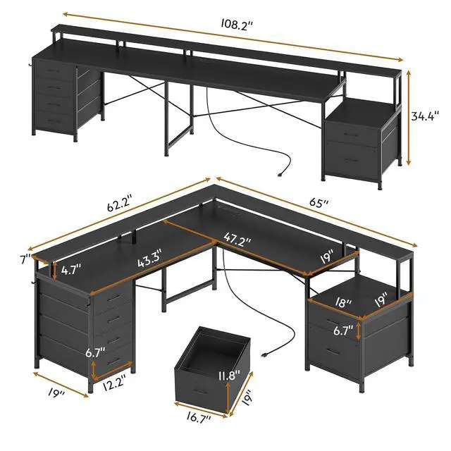 Alt view image 3 of 7 - L Shaped Desk with 6 Drawer, 108" Home Office Desk with File Drawer & Power Outlet, Corner Computer Desk with Monitor Shelf, File Cabinet, Two Person Desk, Gaming Desk with Led Lights, Black