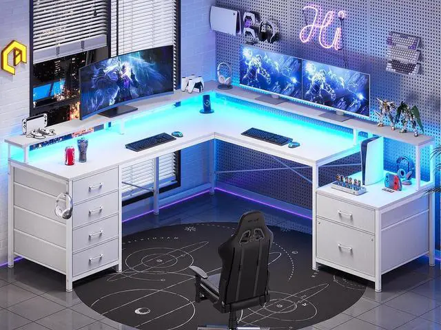 Main image of L Shaped Desk with 6 Drawer, 108" Home Office Desk with File Drawer & Power Outlet, Corner Computer Desk with Monitor Shelf, File Cabinet, Two Person Desk, Gaming Desk with Led Lights, White