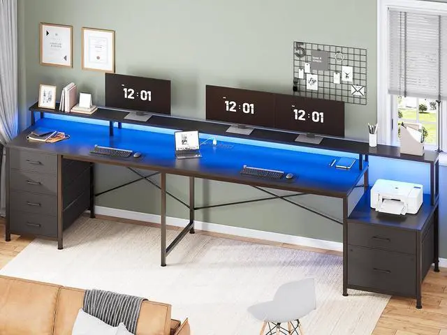 Alt view image 7 of 7 - L Shaped Desk with 6 Drawer, 108" Home Office Desk with File Drawer & Power Outlet, Corner Computer Desk with Monitor Shelf, File Cabinet, Two Person Desk, Gaming Desk with Led Lights, Black