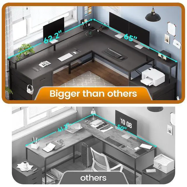Alt view image 6 of 7 - L Shaped Desk with 6 Drawer, 108" Home Office Desk with File Drawer & Power Outlet, Corner Computer Desk with Monitor Shelf, File Cabinet, Two Person Desk, Gaming Desk with Led Lights, Black