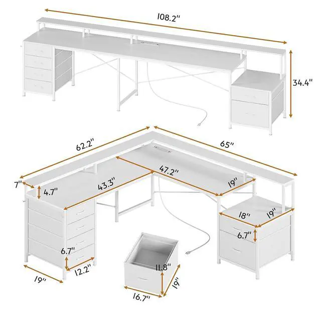 Alt view image 2 of 7 - L Shaped Desk with 6 Drawer, 108" Home Office Desk with File Drawer & Power Outlet, Corner Computer Desk with Monitor Shelf, File Cabinet, Two Person Desk, Gaming Desk with Led Lights, White