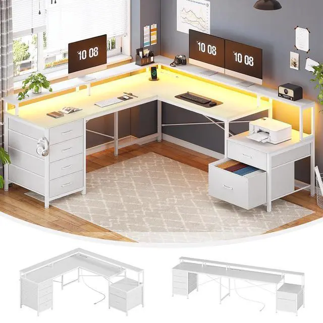 Alt view image 3 of 7 - L Shaped Desk with 6 Drawer, 108" Home Office Desk with File Drawer & Power Outlet, Corner Computer Desk with Monitor Shelf, File Cabinet, Two Person Desk, Gaming Desk with Led Lights, White