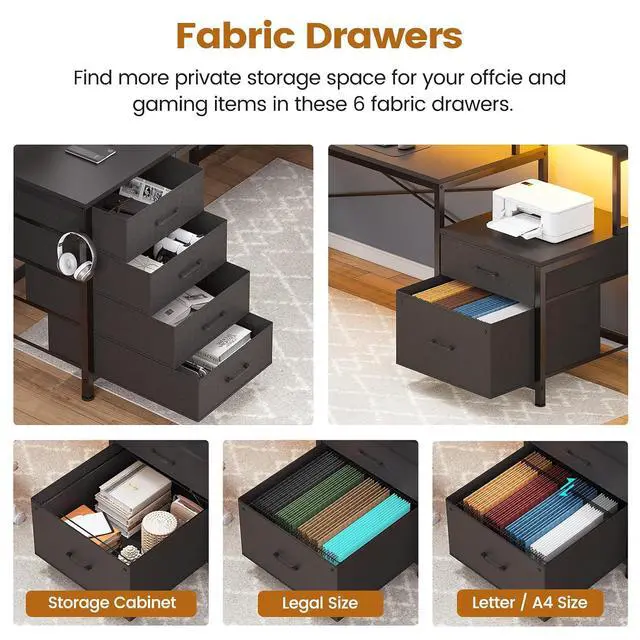 Alt view image 4 of 7 - L Shaped Desk with 6 Drawer, 108" Home Office Desk with File Drawer & Power Outlet, Corner Computer Desk with Monitor Shelf, File Cabinet, Two Person Desk, Gaming Desk with Led Lights, Black