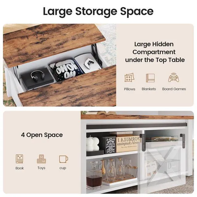Alt view image 7 of 7 - 31.5" Lift Top Coffee Table with Storage, Square Coffee Tables for Living Room, Farmhouse Coffee Table with Large Hidden Storage Compartment and Adjustable Shelves, White