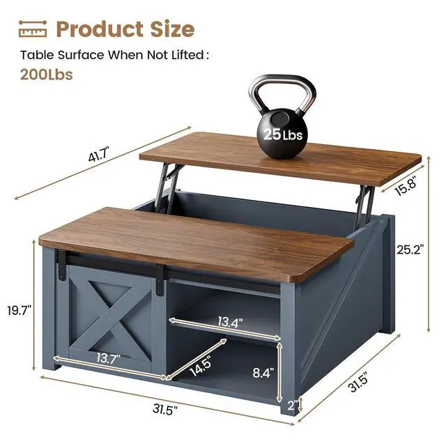 Alt view image 2 of 7 - 31.5" Lift Top Coffee Table with Storage, Square Coffee Tables for Living Room, Farmhouse Coffee Table with Large Hidden Storage Compartment and Adjustable Shelves, Blue