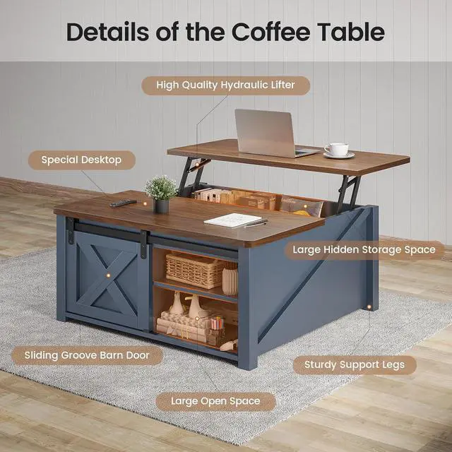 Alt view image 3 of 7 - 31.5" Lift Top Coffee Table with Storage, Square Coffee Tables for Living Room, Farmhouse Coffee Table with Large Hidden Storage Compartment and Adjustable Shelves, Blue