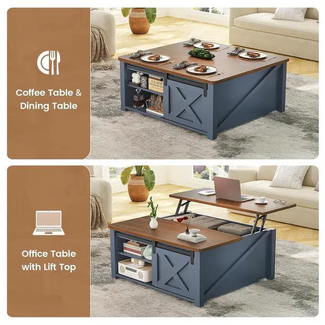 Alt view image 4 of 7 - 31.5" Lift Top Coffee Table with Storage, Square Coffee Tables for Living Room, Farmhouse Coffee Table with Large Hidden Storage Compartment and Adjustable Shelves, Blue