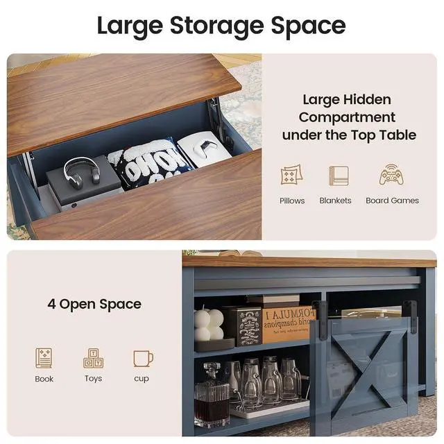 Alt view image 7 of 7 - 31.5" Lift Top Coffee Table with Storage, Square Coffee Tables for Living Room, Farmhouse Coffee Table with Large Hidden Storage Compartment and Adjustable Shelves, Blue