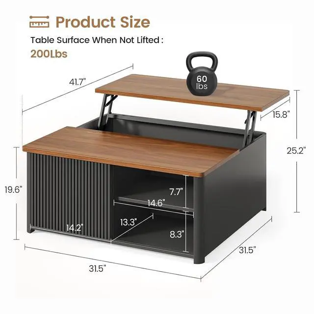Alt view image 2 of 7 - 31.5" Lift Top Coffee Table with Storage, Square Coffee Tables for Living Room, Fluted Coffee Table with Large Hidden Storage Compartment and Adjustable Shelves, Fluted Black