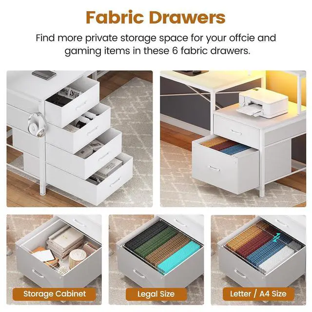 Alt view image 4 of 7 - L Shaped Desk with 6 Drawer, 108" Home Office Desk with File Drawer & Power Outlet, Corner Computer Desk with Monitor Shelf, File Cabinet, Two Person Desk, Gaming Desk with Led Lights, White