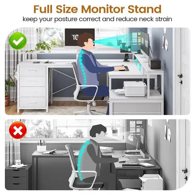 Alt view image 7 of 7 - L Shaped Desk with 6 Drawer, 108" Home Office Desk with File Drawer & Power Outlet, Corner Computer Desk with Monitor Shelf, File Cabinet, Two Person Desk, Gaming Desk with Led Lights, White