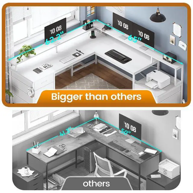 Alt view image 6 of 7 - L Shaped Desk with 6 Drawer, 108" Home Office Desk with File Drawer & Power Outlet, Corner Computer Desk with Monitor Shelf, File Cabinet, Two Person Desk, Gaming Desk with Led Lights, White