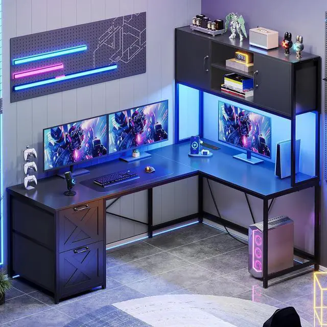 Main image of Corner Computer Desk, Reversible L Shaped Computer Desk with Fabric Drawers and Power Outlet, Gaming Desk with Led Lights, Hutch and Storage Shelf for Home Office, Black