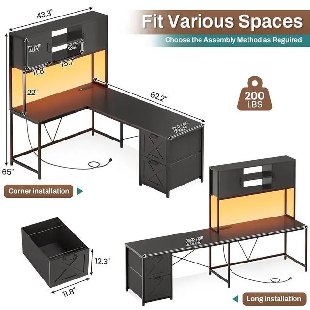 Alt view image 2 of 7 - Corner Computer Desk, Reversible L Shaped Computer Desk with Fabric Drawers and Power Outlet, Gaming Desk with Led Lights, Hutch and Storage Shelf for Home Office, Black