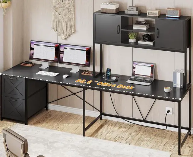 Alt view image 3 of 7 - Corner Computer Desk, Reversible L Shaped Computer Desk with Fabric Drawers and Power Outlet, Gaming Desk with Led Lights, Hutch and Storage Shelf for Home Office, Black