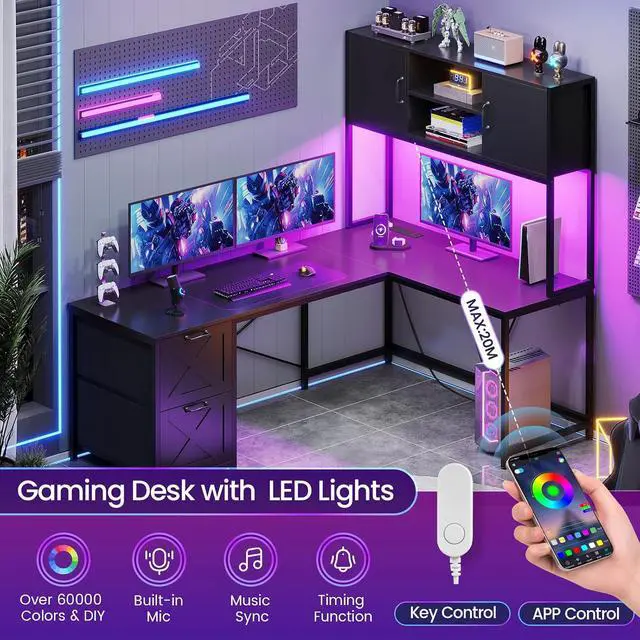 Alt view image 4 of 7 - Corner Computer Desk, Reversible L Shaped Computer Desk with Fabric Drawers and Power Outlet, Gaming Desk with Led Lights, Hutch and Storage Shelf for Home Office, Black