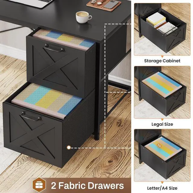 Alt view image 6 of 7 - Corner Computer Desk, Reversible L Shaped Computer Desk with Fabric Drawers and Power Outlet, Gaming Desk with Led Lights, Hutch and Storage Shelf for Home Office, Black