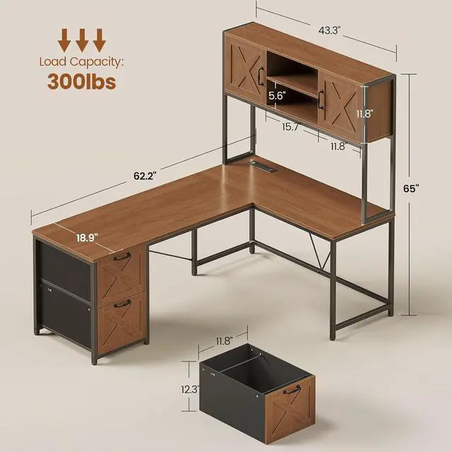 Alt view image 2 of 7 - Farmhouse L Shaped Desk with Hutch, Reversible 86.6" Home Office Two Person Desk with Drawers and LED Light, Corner Gaming Desk with Power Outlet and Storage Shelves, Brown