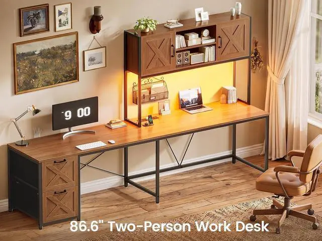 Alt view image 3 of 7 - Farmhouse L Shaped Desk with Hutch, Reversible 86.6" Home Office Two Person Desk with Drawers and LED Light, Corner Gaming Desk with Power Outlet and Storage Shelves, Brown