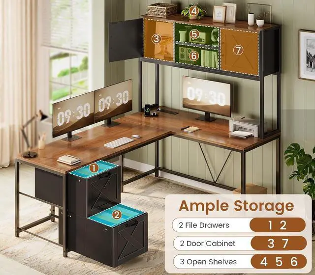 Alt view image 5 of 7 - Farmhouse L Shaped Desk with Hutch, Reversible 86.6" Home Office Two Person Desk with Drawers and LED Light, Corner Gaming Desk with Power Outlet and Storage Shelves, Brown