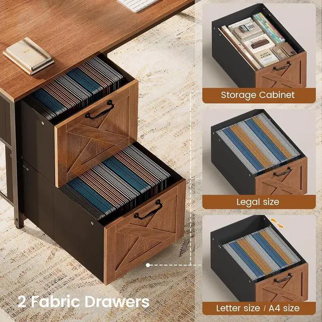 Alt view image 4 of 7 - Farmhouse L Shaped Desk with Hutch, Reversible 86.6" Home Office Two Person Desk with Drawers and LED Light, Corner Gaming Desk with Power Outlet and Storage Shelves, Brown