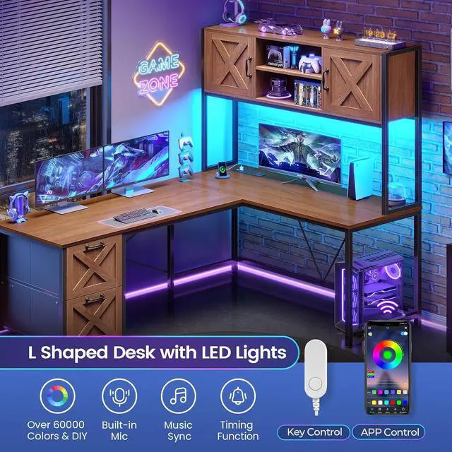 Alt view image 7 of 7 - Farmhouse L Shaped Desk with Hutch, Reversible 86.6" Home Office Two Person Desk with Drawers and LED Light, Corner Gaming Desk with Power Outlet and Storage Shelves, Brown