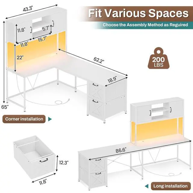 Alt view image 2 of 7 - White L Shaped Office Desk, Farmhouse Home Office Desk with Fabric File Drawers and Power Outlet, Corner Gaming Desk with LED Lights, Hutch and Storage Shelves